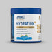 Applied Nutrition Hydration+ electrolyte and vitamin powder container with blue raspberry flavor on a gray background