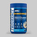 Blue protein recovery supplement container with Applied Nutrition branding on a gray background